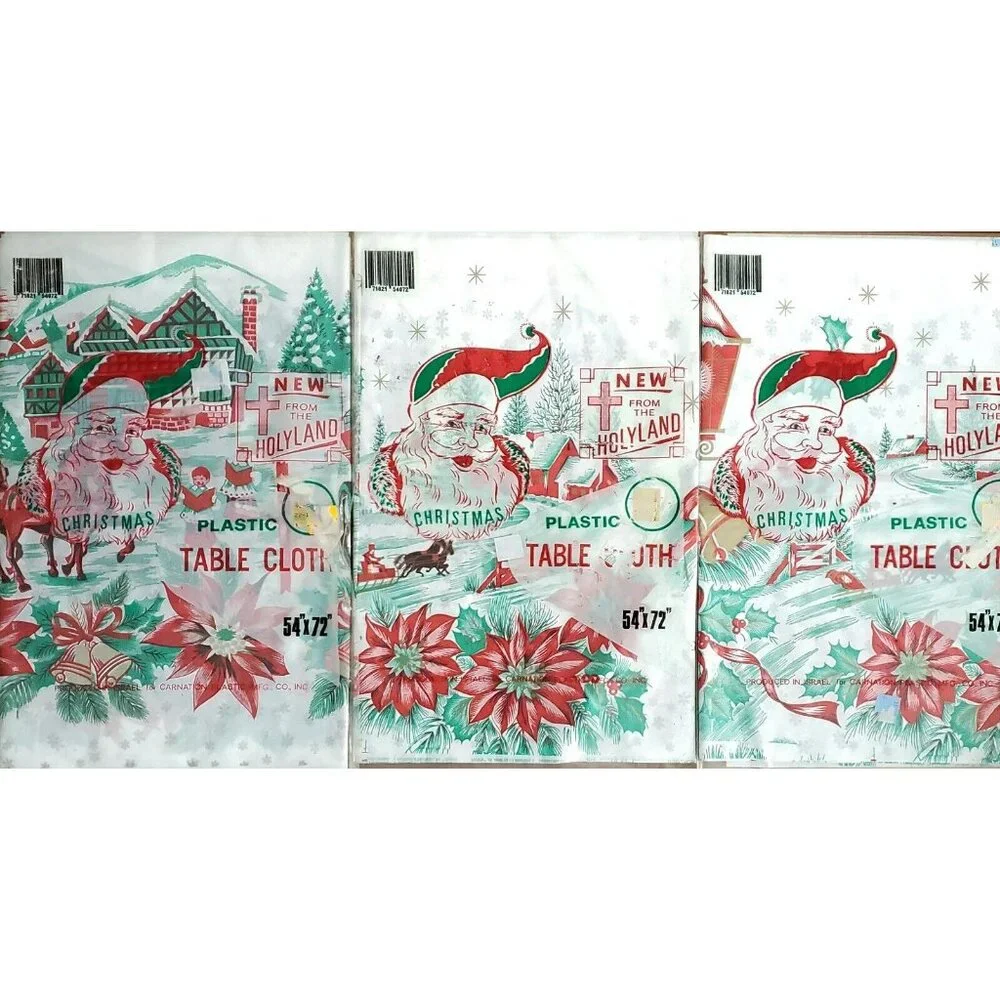 3 VTG Plastic Christmas TableCloths Cover Horse Sleigh Bells Poinsettia Holiday - Picture 3 of 9